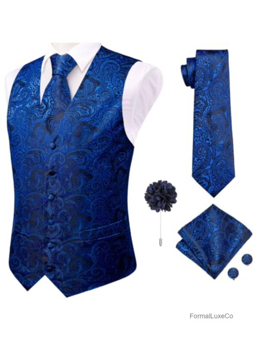 Mens Silk Vest Set 5PC Necktie Pocket Square Cufflinks Lapel Pin Formal Wedding